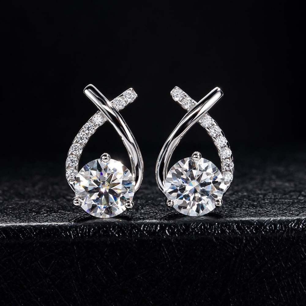 Round Moissanite Cross Pave Drop Earrings In Sterling Silver